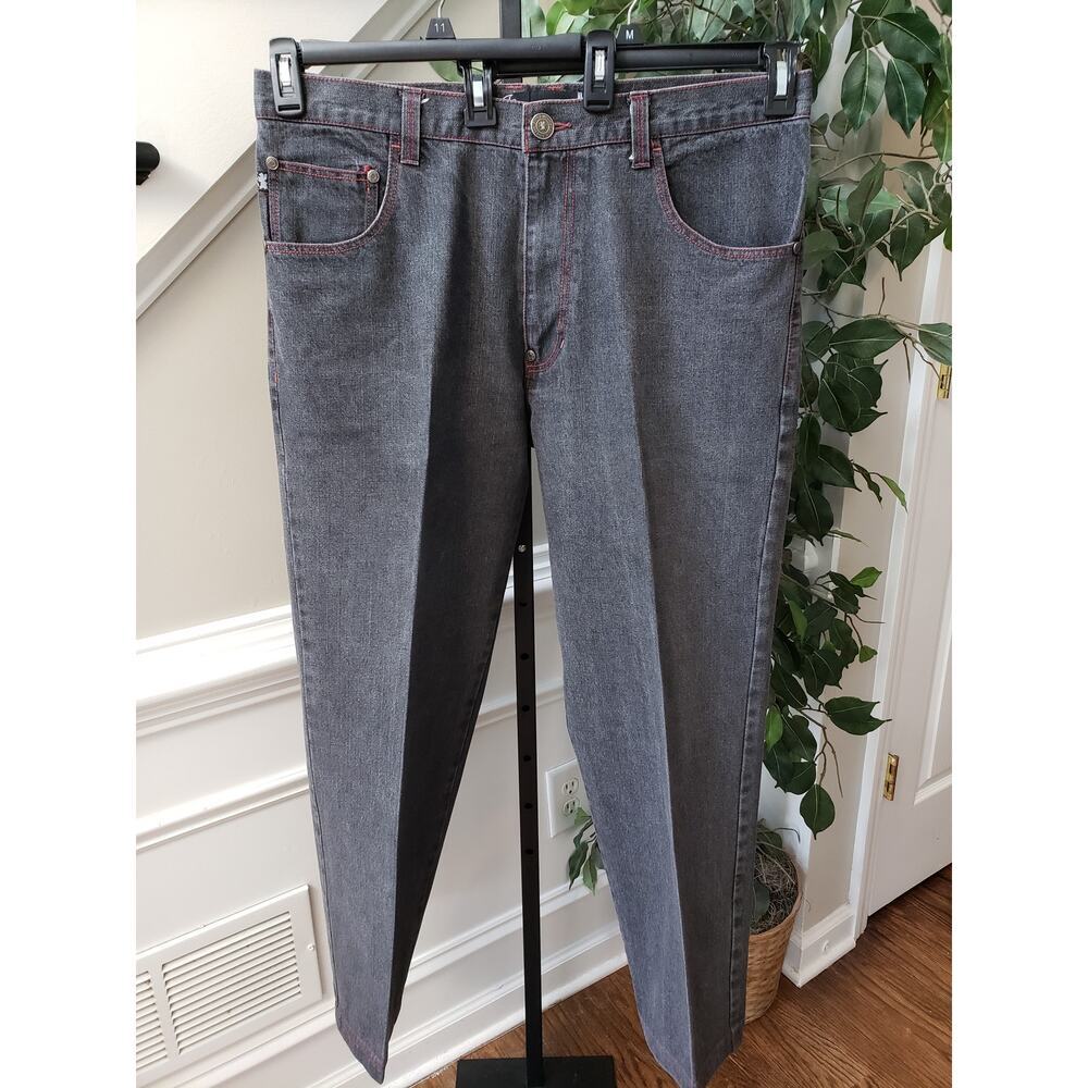 Stacy Adams Jeans Men's 38 Black Denim Embroidered Pockets Slim Fit Straight Leg